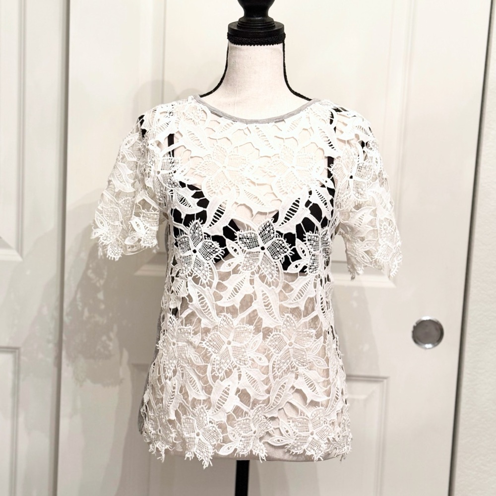 Kimchi Blue White Gray Sheer Crochet / Lace Embroidered Top Blouse, Size XS